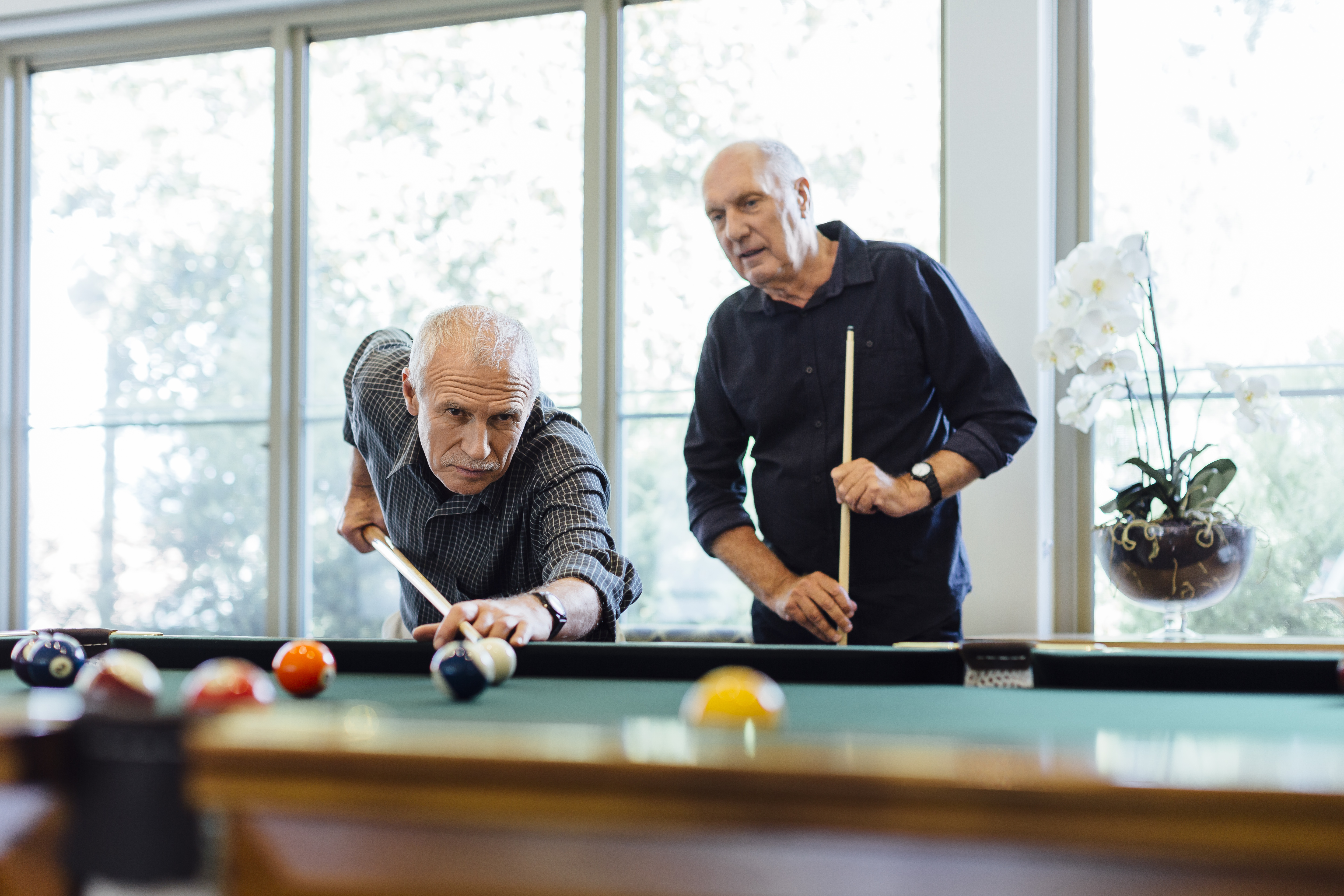 Elderly men playing pool