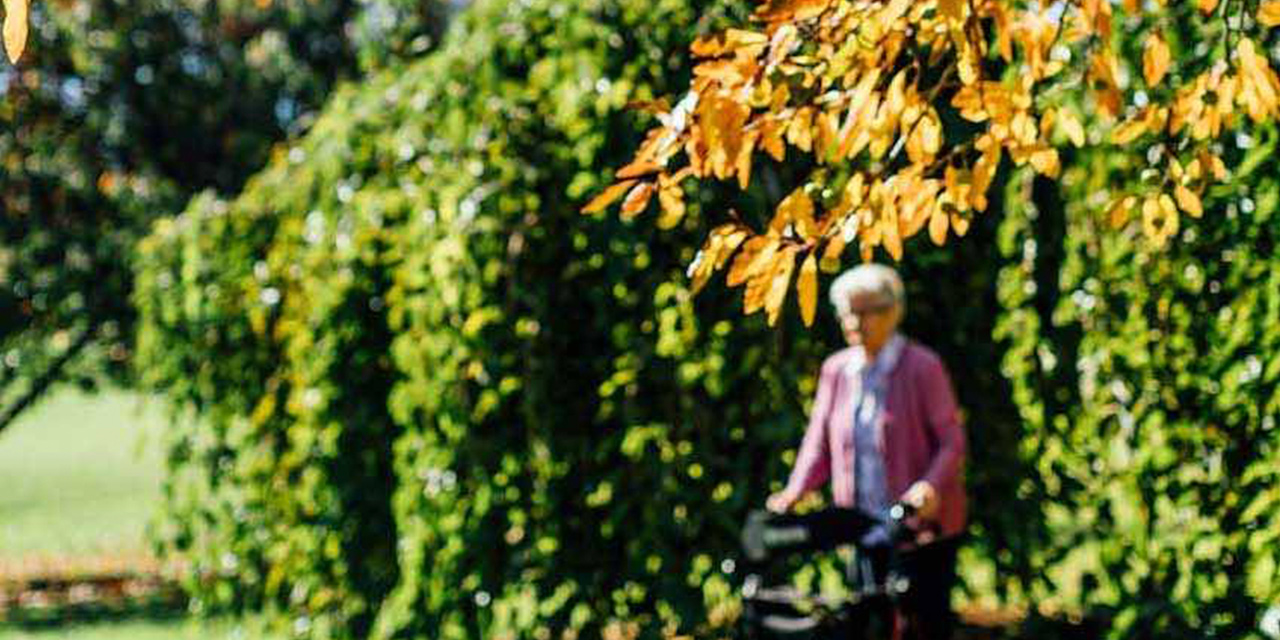Elderly woman walking in garden